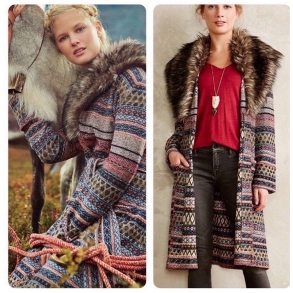 Anthropologie Angel Of The North Fair Isle Faux Fur Lambswool Cardigan Belt Sz L - Picture 1 of 8